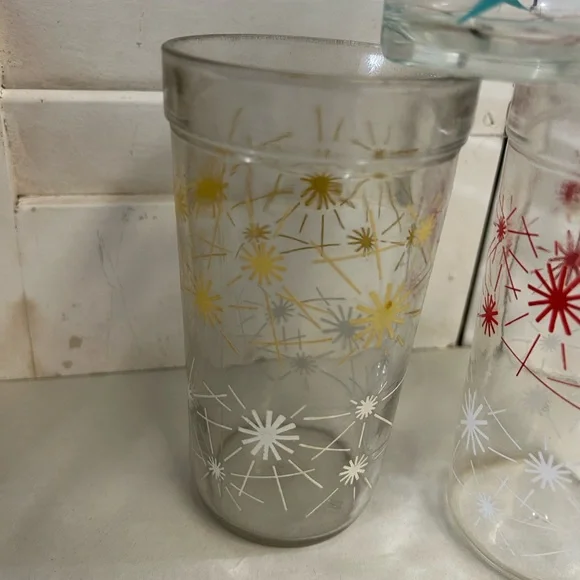 3 Vintage 50s 60s atomic drink glass Starburst Boomerang Teal Red Yellow MCM - Picture 10 of 16